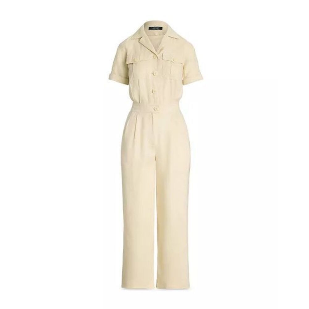Lauren Ralph Lauren Embroidered Linen Short-Sleeve Jumpsuit Ivory Beige 8